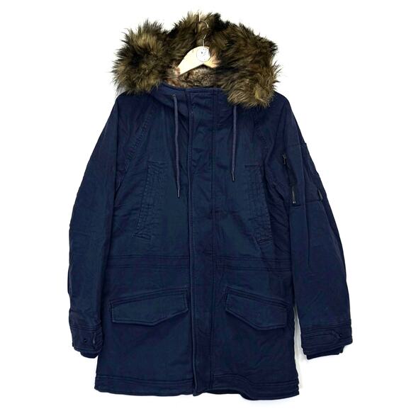 HOLLISTER Faux Fur Lined Twill Parka Coat Blue Men’s M Epic Flex Heritage NEW - Picture 2 of 14